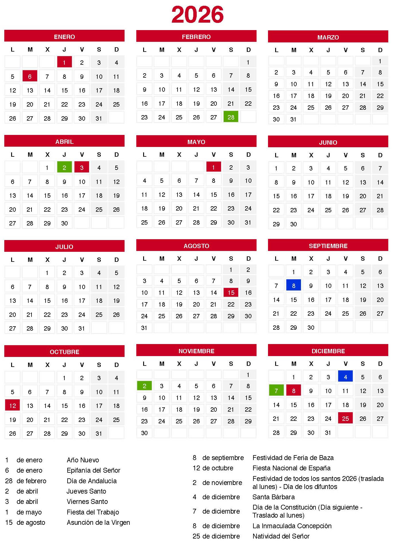 Calendario Laboral Baza 2026
